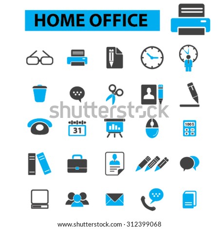 Home office icons concept. Printer, business office, freelance, pen, pencil, phone, chart, board, deadline. Vector illustration set.