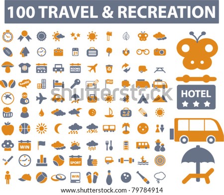 100 travel & recreation icons, signs, vector illustrations
