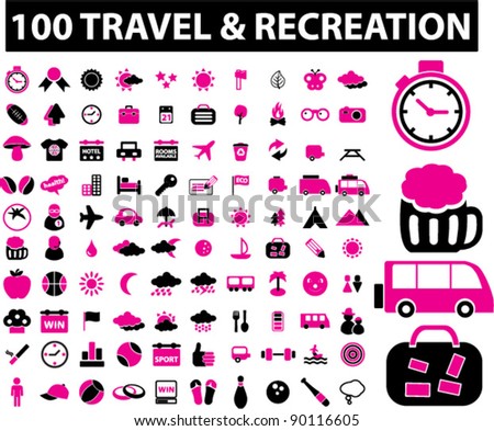 100 travel & recreation icons set, vector illustrations