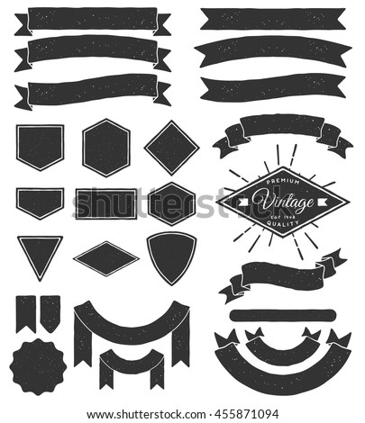 Set of Hand drawn ribbons / banners. Hand drawn Badge, banner, ribbon, flag, sunburst design element. Vector illustration.