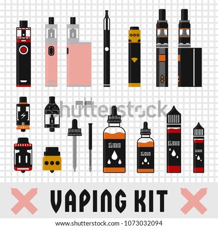 Flat vector illustration of a vaping kit with bottles, vapes and equipment.