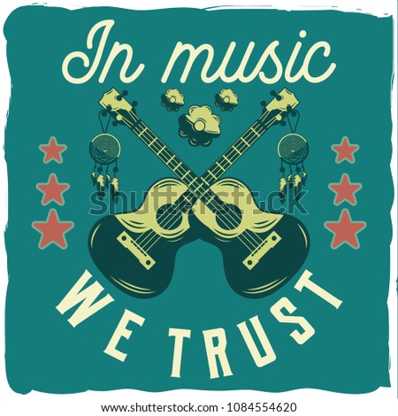 T-shirt design with illustration of ukuleles, flowers and stars