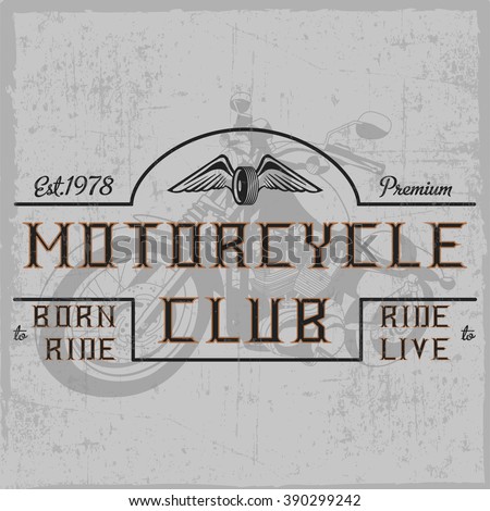 Motorcycle club label with hand drawn motorbike and wings on light background
