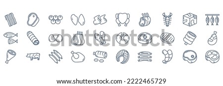 Collection of icons related to Meat and Non veg, including icons like Bacon strips, Beef, Caviar, Chicken breast and more. vector illustrations, Pixel Perfect set
