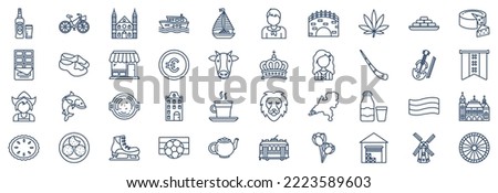 Collection of icons related to Netherland, including icons like Beer, Bicycle, Canal, Boat and more. vector illustrations, Pixel Perfect set
