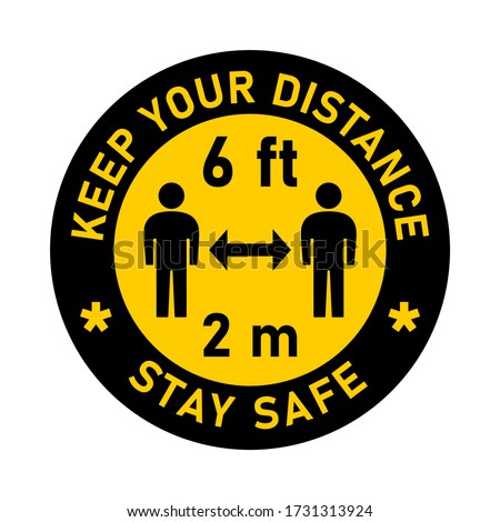 Keep Your Distance Stay Safe Social Distancing Traffic Sign Style Round Keep a Safe Distance of 6 ft or 6 Feet 2 m or 2 Metres Sticker Badge Instruction Icon. Vector Image. Zdjęcia stock © 