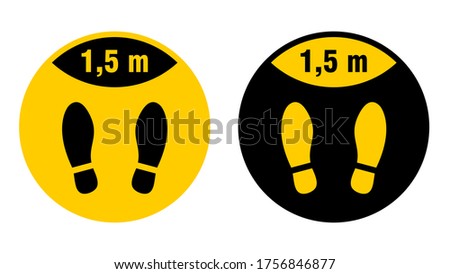 Wait Here or Stand Here and Keep a Safe Distance of 1,5 Metres Round Floor Marking Sticker with Shoeprints for Queue Line or Other Purposes Requiring Social Distancing. Vector Image. Stok fotoğraf © 
