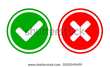 Set of Yes and No or Right and Wrong or Approved and Rejected Icons with Check Mark and Cross Symbols in Green and Red Circles. Vector Image.