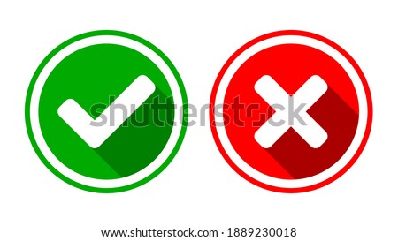Yes and No or Right and Wrong or Approved and Declined Icons with Check Mark and X Signs with 3D Shadow Effect in Green and Red Circles. Vector Image. Stockfoto © 