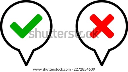Round Circle Speech Bubble Cloud Message Symbol Element Icon Set with Green Checkmark Tick and Red X Cross Sign for Yes and No Opinion or Answer. Vector Image.