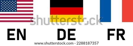 Rectangle Flag Selection Button Badge Icon Set including USA, Germany and France Flags with Language Codes for English, German and French. Vector Image.