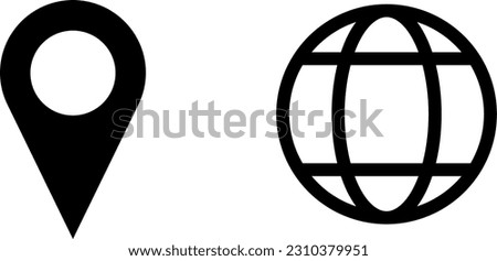 Set of Black and White World Globe Earth Web Map and Location Pointer Pin or You Are Here Marker Sign Icon. Vector Image.