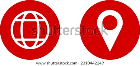 Set of Red and White World Globe Earth Web Map and Location Pointer Pin or You Are Here Marker Sign Icon. Vector Image.