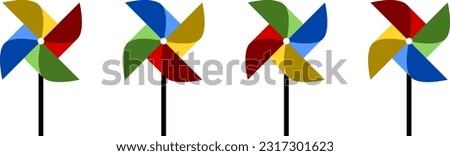 Set of Colorful Pinwheel or Spinning Windmill with Stick and Different Rotation Phases Symbol Icon. Vector Image.