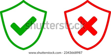 Shield Green and Red Safe and Unsafe Security Icon Set with Checkmark and X Cross Signs. Vector Image.