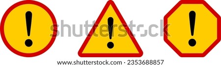 Red Yellow Black Round Circle Octagonal and Triangular Warning or Attention Caution Sign with Exclamation Mark Flat Icon Set. Vector Image.