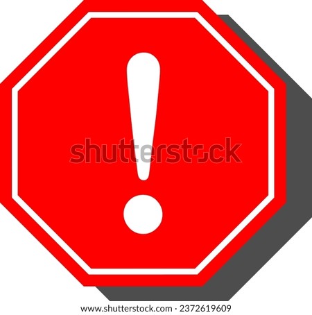 Red Octagonal Warning or Attention Sign with Exclamation Mark Icon and Shadow. Vector Image.