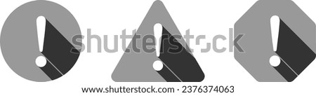 Grayscale Monochrome Black and White Round Circle Octagonal and Triangular Warning or Attention Caution Sign with Exclamation Mark and 3D Style Shadow Effect Flat Icon Set. Vector Image.