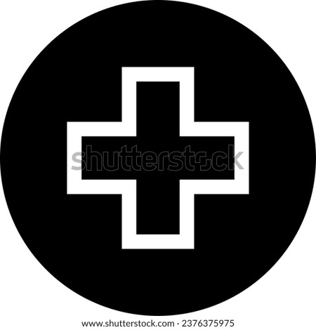 Cross in Circle Round Symbol First Aid Kit Emergency Healthcare Black and White Sign Icon. Vector Image.