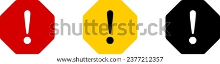 Red Yellow Black and White Octagonal Warning or Attention Caution Sign with Exclamation Mark Flat Icon Set. Vector Image.