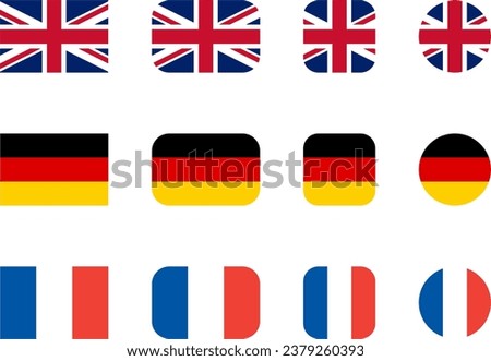 Flag Icon Set including UK United Kingdom Germany and France Flags for English German and French Language Selection Symbol Button. Vector Image.
