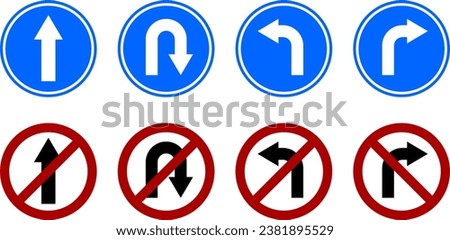 Go Straight This Way One Way Only U Turn and Do Not Turn Left and Right Blue and White Arrow Round Circle Traffic Sign Direction Icon Set. Vector Image.