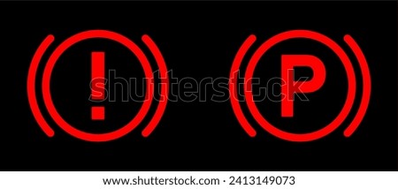 Red Break and Parking Break or Handbreak Warning Light Symbol Icon Set on Black Background with Exclamation Mark and the Letter P. Vector Image.