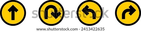 Go Straight This Way One Way Only U Turn Left and Right Yellow and Black Arrow Round Circle Traffic Sign Direction Icon Set. Vector Image.