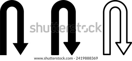 U Turn Go Back Thin and Thick Black Arrow Sign Icon Set. Vector Image.