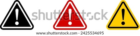 Red Yellow Black and White Triangular Warning or Attention Sign with Exclamation Mark Icon Set. Vector Image.