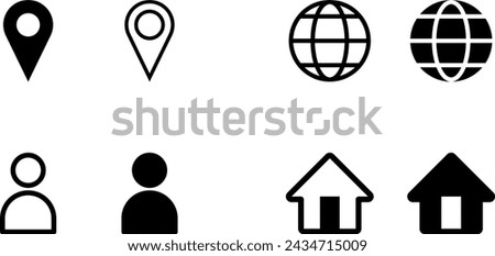 Web or App UI User Interface Symbol Icon Set including Location Pointer Hotspot World Earth Globe Language Selection Profile Account Avatar Person Home House Homepage Signs. Vector Image.