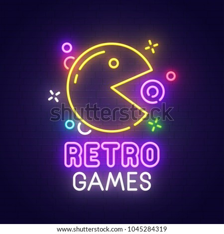 Retro games neon sign, bright signboard, light banner. Game logo, emblem. Vector illustration