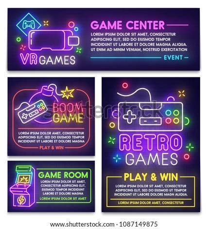 Retro game poster, flyer and banner template. Style sign neon. Virtual reality logo, emblem and label. Game room. Bright signboard, light banner.  Vector illustration.