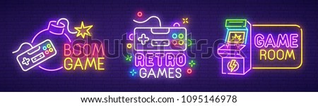 Big set neon sing. Game room label and logo. Gamer banner, logo, emblem and label. Bright signboard, light banner. Game logo. Vector illustration