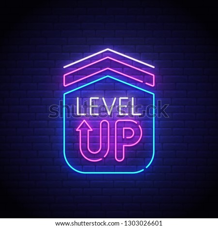 Game popup. Level up neon sign, bright signboard, light banner. Game logo neon, emblem. Vector illustration Stock fotó © 