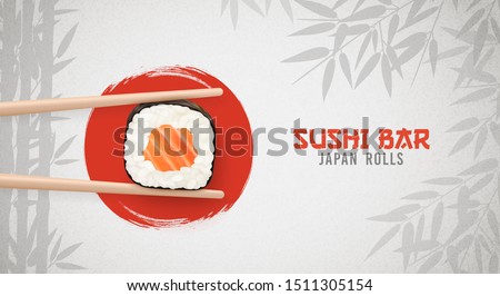 Sushi bar ads. Sushi and rolls poster, horisontal flyer. Realistic vector illustration