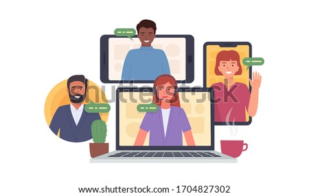 Video conference. Colleagues taking part in video conference in home.  Virtual work meeting. Software for online communication. Vector illustration