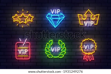 Vip neon icons. Included icons as member, VIP, exclusive, diamond, badge, high level neon isolated icons, emblem, design template. Sign boards, light banner. Vector Illustration