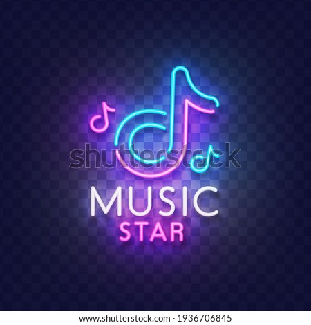 Music neon sign. Glowing neon light signboard of musical note. Sign of Music star with colorful neon lights isolated on brick wall. Vector illustration