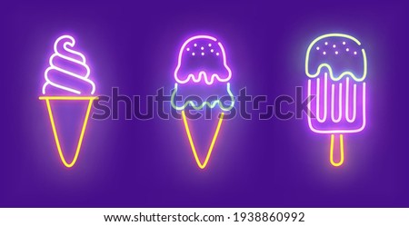 Ice cream neon icon, bright signboard, light banner. Ice cream neon icons set, emblem. Vector illustration