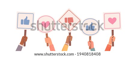 Hands holding signs with likes and dislikes. Votes of judges. Feedback. Hands holding likes and dislikes signs. Vector illustration