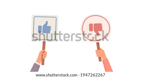 Like or Dislike. Hands holding signs with likes and dislikes. Votes of judges. Feedback. Hands holding likes and dislikes signs. Vector illustration