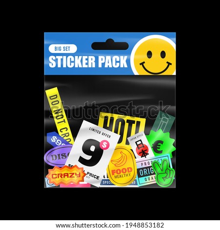 Sticker pack. Packaging with stickers. Peeled Paper Stickers. Product packaging with transparent plastic packet. Isolated vector on black background