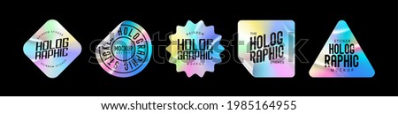 Holographic stickers. Hologram labels of different shapes. Sticker shapes for design mockups. Holographic textured stickers for preview tags, labels. Vector illustration Foto stock © 