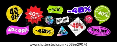 Sticker pack. Price stickers. Sale -40% off. Peeled Paper Stickers. Price Tag. Isolated on black background