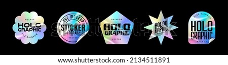 Holographic stickers. Hologram labels of different shapes. Sticker shapes for design mockups. Holographic textured stickers for preview tags, labels. Vector illustration