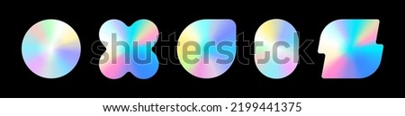 Holographic stickers. Hologram labels of different shapes. Sticker shapes for design mockups. Holographic textured stickers for preview tags, labels. Vector illustration