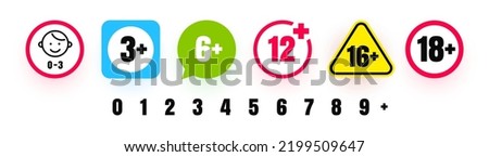 Age limit icons for kids and teenagers. Creating icon with age restrictions. 0, 3, 6, 12, 16,18 years old signs for toys, food and alcoholic drinks. Set of age restrictions signs. Vector elements