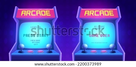 Arcade game screen. Retro arcade game machine. 80s retro start play and game over interface screen. Video gaming machine. Vector Illustration of play screen game computer