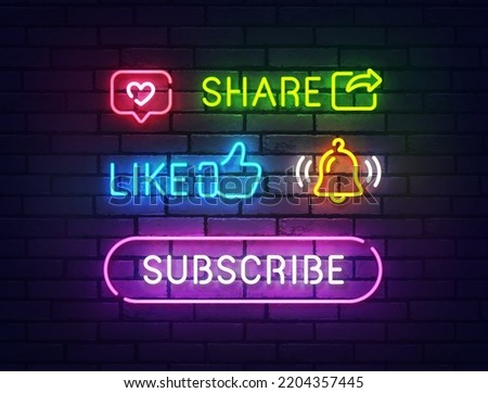 Social button neon. Buy icon. Colored neon buttons. Button like, share, subscribe neon. Vector illustration